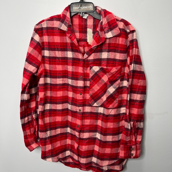 aerie Tops Aerie Nwt Red Pink Oversized Boyfriend Fit Plaid Flannel